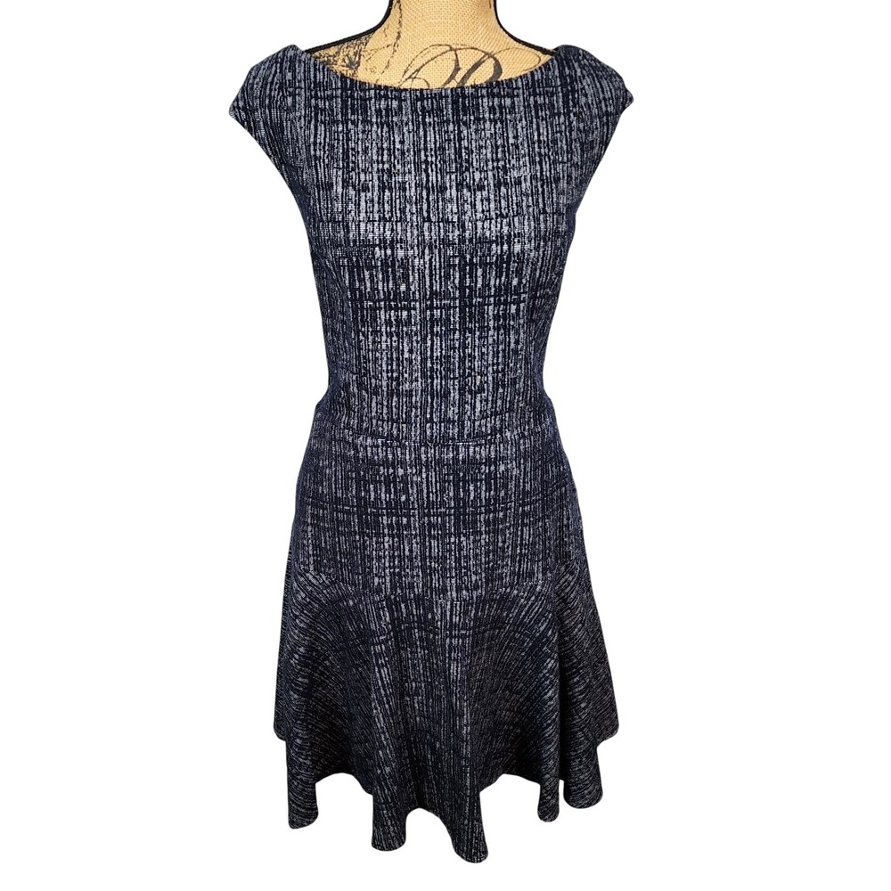 ELIZA J Size 16 Navy Cotton‎ Blend Tweed Rockabilly Drop Waist Flounce Hem Dress